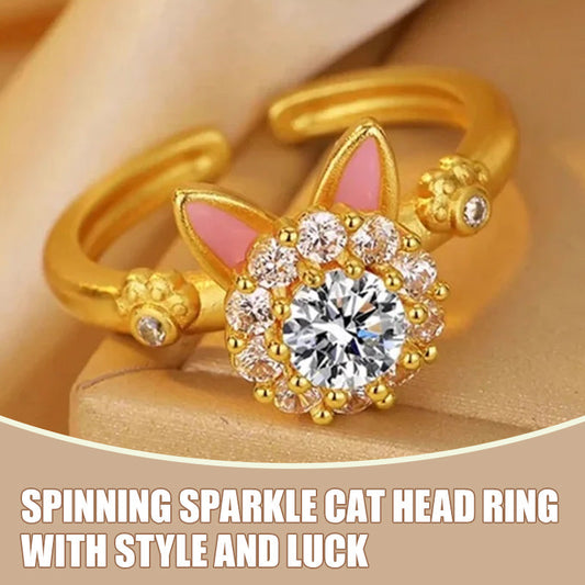 Spinning Sparkle Cat Head Ring with Style and Luck