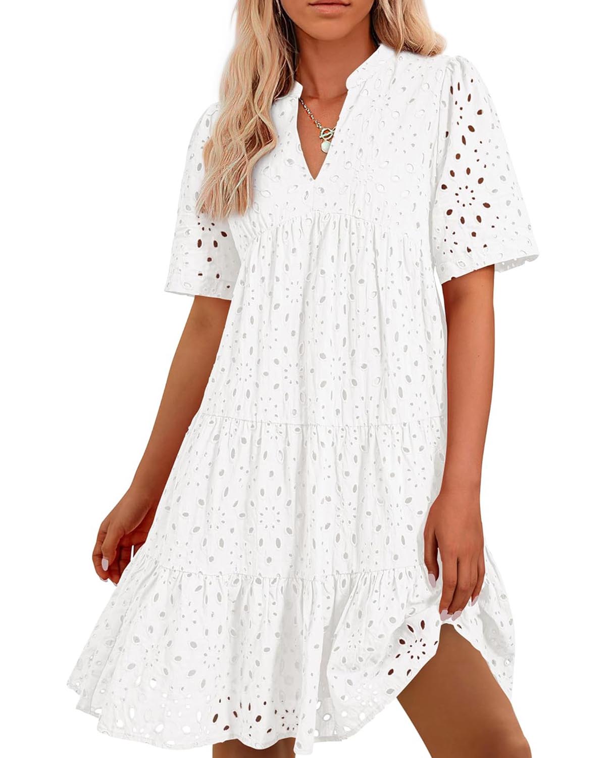 📢📢50 % DE RÉDUCTION !!!⏰Robe courte décontractée élégante en dentelle ajourée à volants pour femme