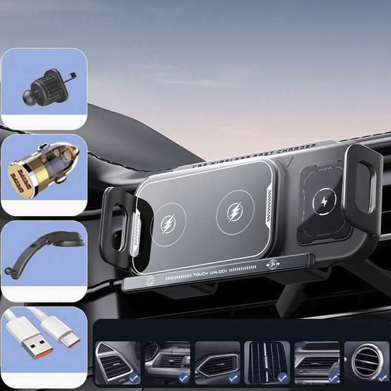 Support de Téléphone Pliable pour Voiture & Chargeur Sans Fil 2-en-1