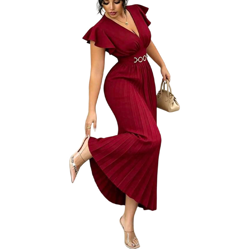 🎉 Soldes 2026 — Plus de 35 000 vendus ! 💃 Robe Maxi Plissée Fluide – Col V, Manches à Volants, Ceinture Métallique 🌸