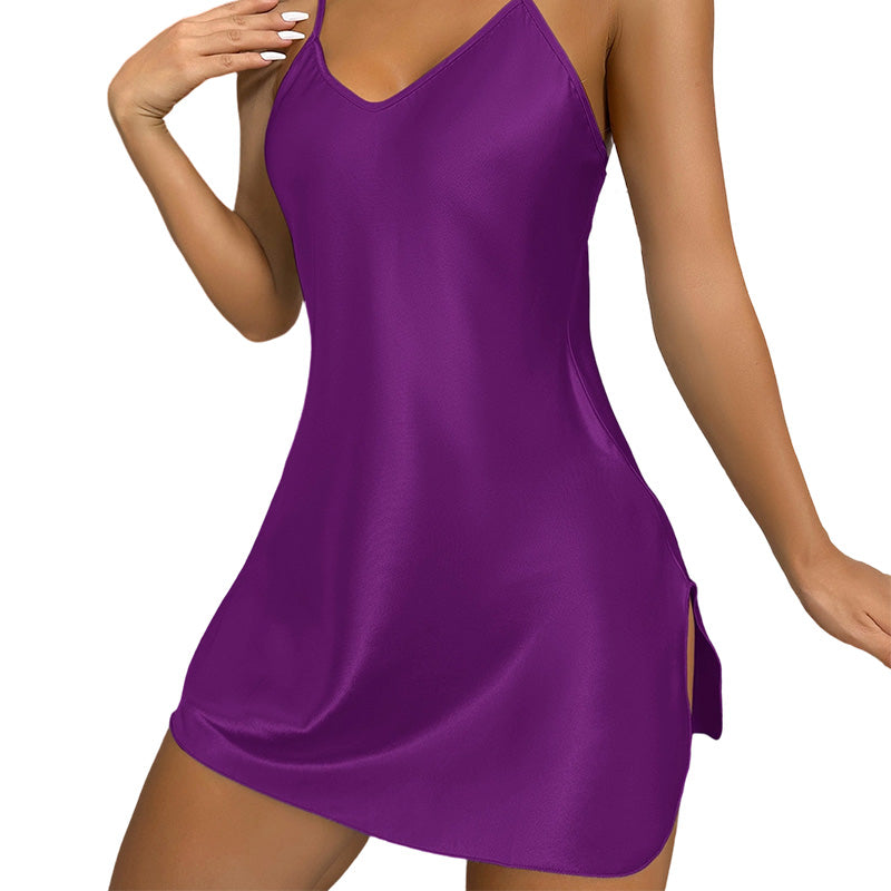 👗 Chemise de Nuit Femme en Satin Unie – Bretelles Fines, Col en V et Fentes Latérales🍃 Robe de sommeil coupe ample sans serrement, plusieurs couleurs unies