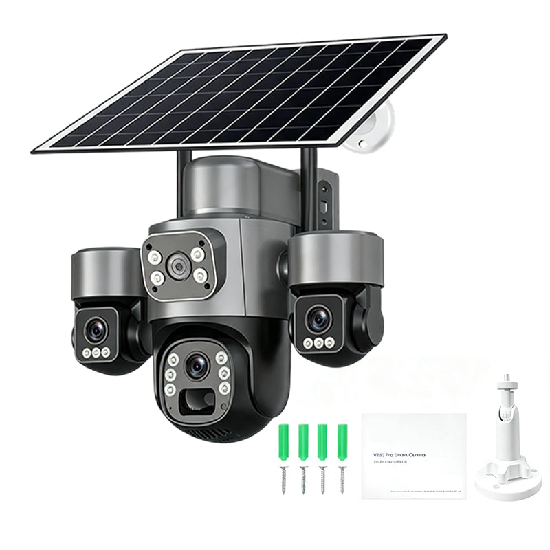 🏠 -50% ! 📹 Caméra de Sécurité Solaire Triple Objectif – ABS – Triple Vision & Panneau Solaire Intégré – IP66 pour Surveillance Extérieure Sans Fil 🛡️