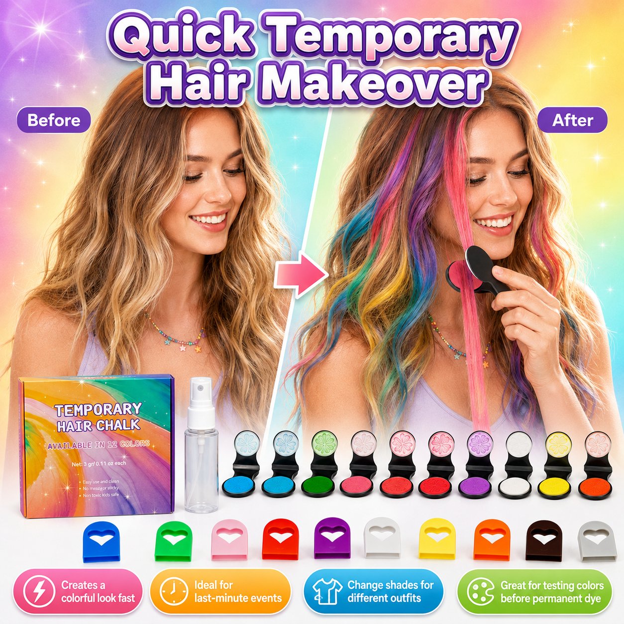 🔥Dernier jour : 50 % de réduction !🌈 Kit d’applicateurs de craies capillaires temporaires 12 couleurs