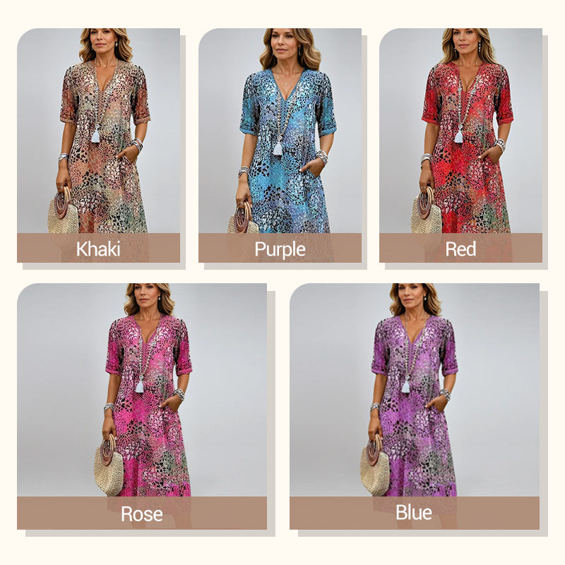🔥Robe Midi Léopard Femme à Col en V 🐆 Style Safari Décontracté avec Poches pour le Quotidien & les Loisirs