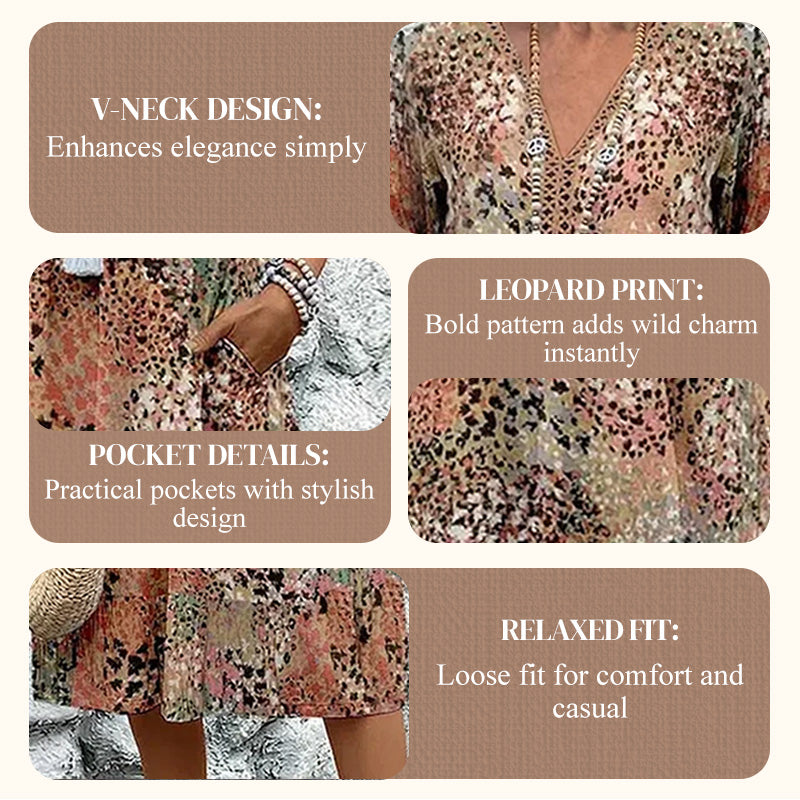 🔥Robe Midi Léopard Femme à Col en V 🐆 Style Safari Décontracté avec Poches pour le Quotidien & les Loisirs