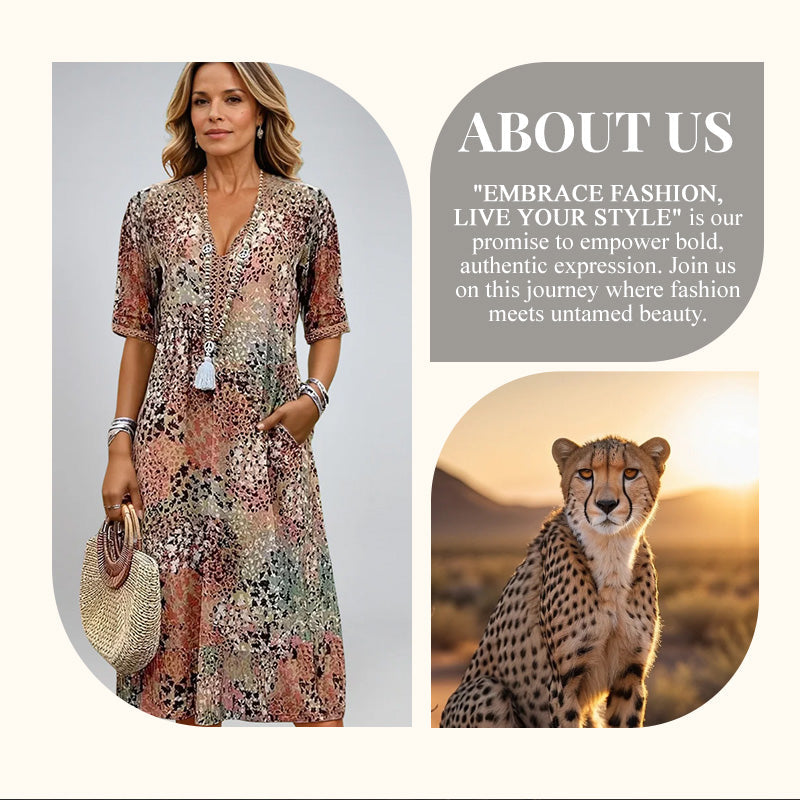 🔥Robe Midi Léopard Femme à Col en V 🐆 Style Safari Décontracté avec Poches pour le Quotidien & les Loisirs