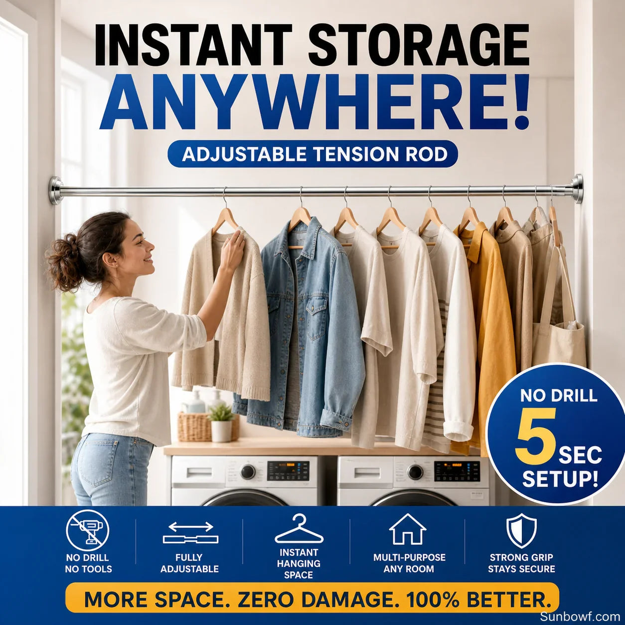 🔧 50 % DE RÉDUCTION EN CE MOMENT ! 📏 Tringle réglable sans perçage – Montage sans outils, fixation solide et polyvalente – Crée instantanément un espace de rangement partout et à tout moment 🏠