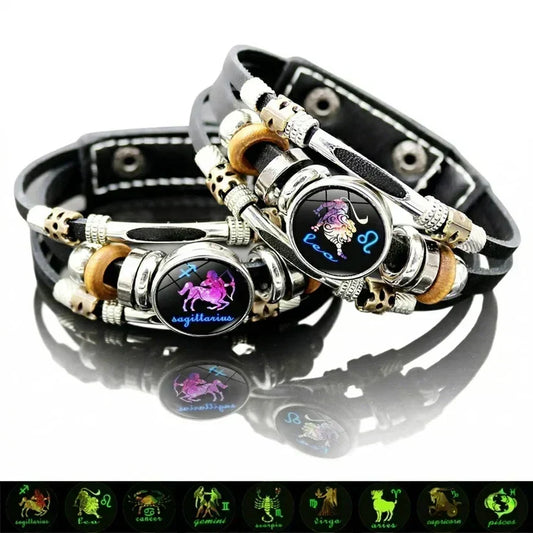 ⭐ ACHETEZ 1 OFFERT 1！🐾 Bracelet Zodiaque en cuir phosphorescent – Brille dans le noir, ajustable et unisexe – Parfait pour les passionnés d'astrologie et à porter au quotidien ✨