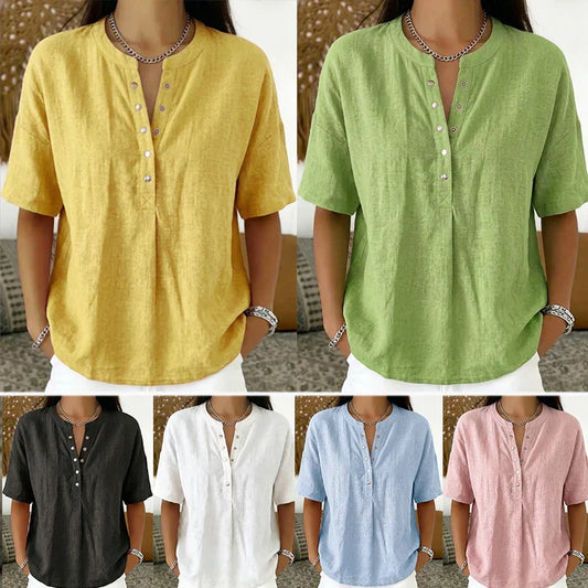 🔥🎁Haut unisexe décontracté et ample, couleur unie – Col Henley boutonné, mélange de coton et de lin