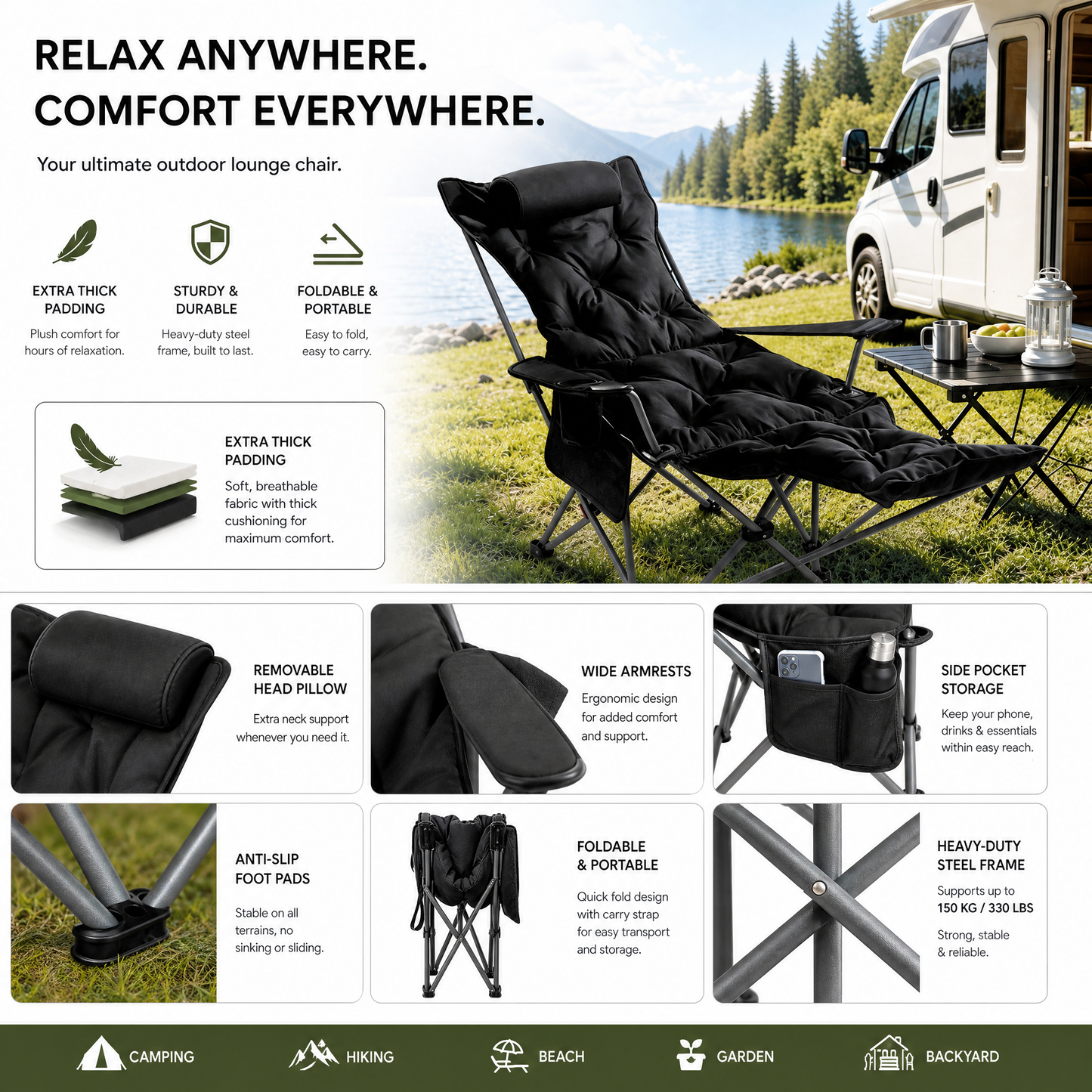🪑 50% DE RABATT ! 🌿 Trgbarer verstellbarer Klappstuhl für Außenbereich – Léger, stable et pratique – Idéal pour le jardin, le camping, la plage ou la terrasse – un transport et une construction simples 🏕️✨