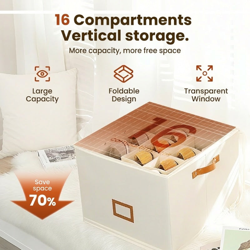 👟 50% DE RÉDUCTION ! 🧺 Boîte de Rangement en Tissu pour Chaussures – Pliable & Respirante – 16 Compartiments & Couvercle Transparent pour Placard 🏠