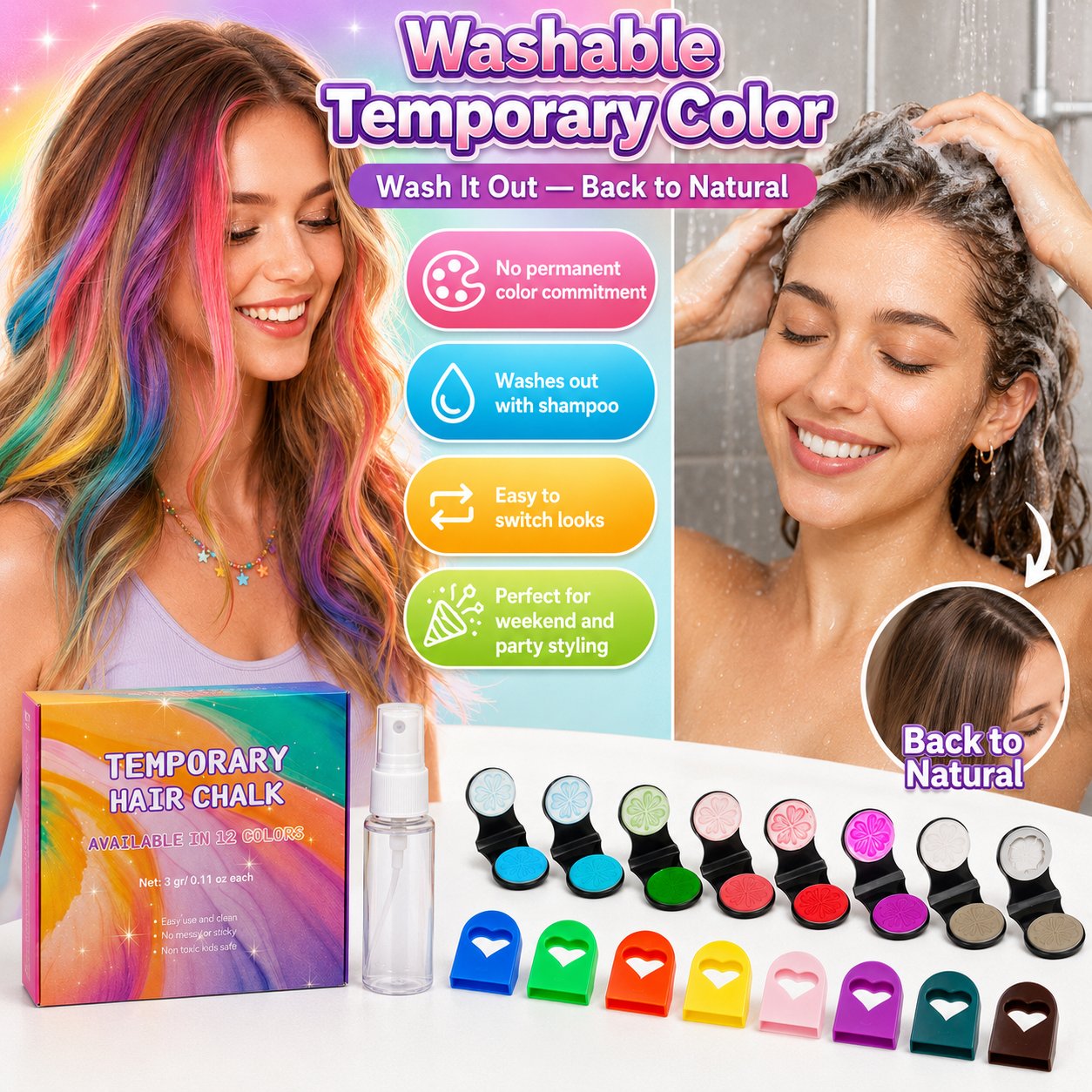 🔥Dernier jour : 50 % de réduction !🌈 Kit d’applicateurs de craies capillaires temporaires 12 couleurs