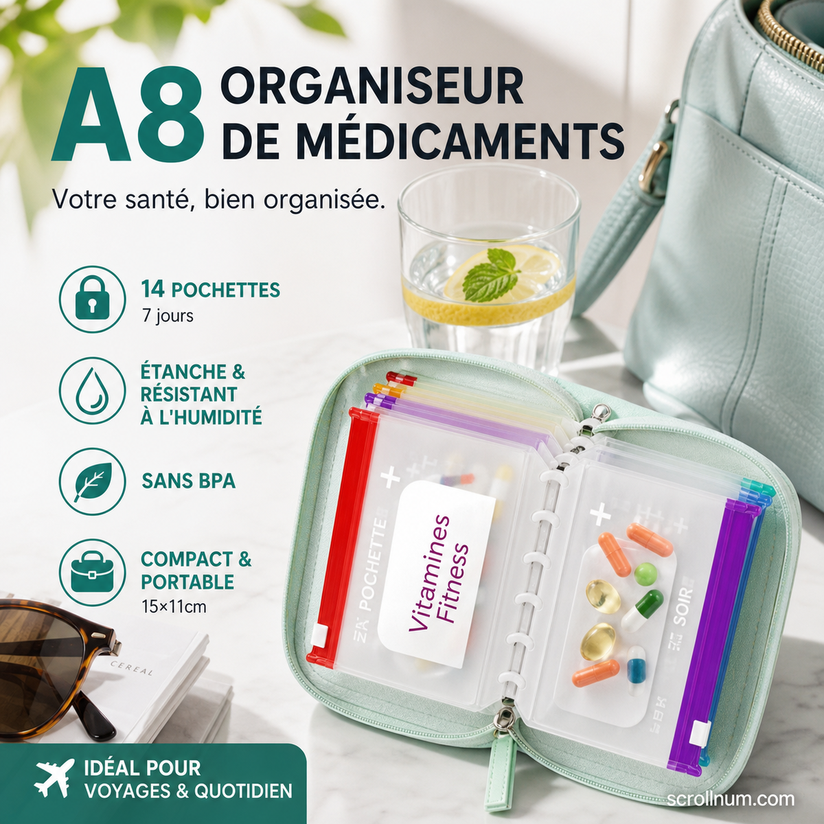 💊🛒 -50% ! 🗂️Organisateur de Médicaments A8 Étanche – 14 Grandes Pochettes Zippées, Code Couleur & Design Discret.