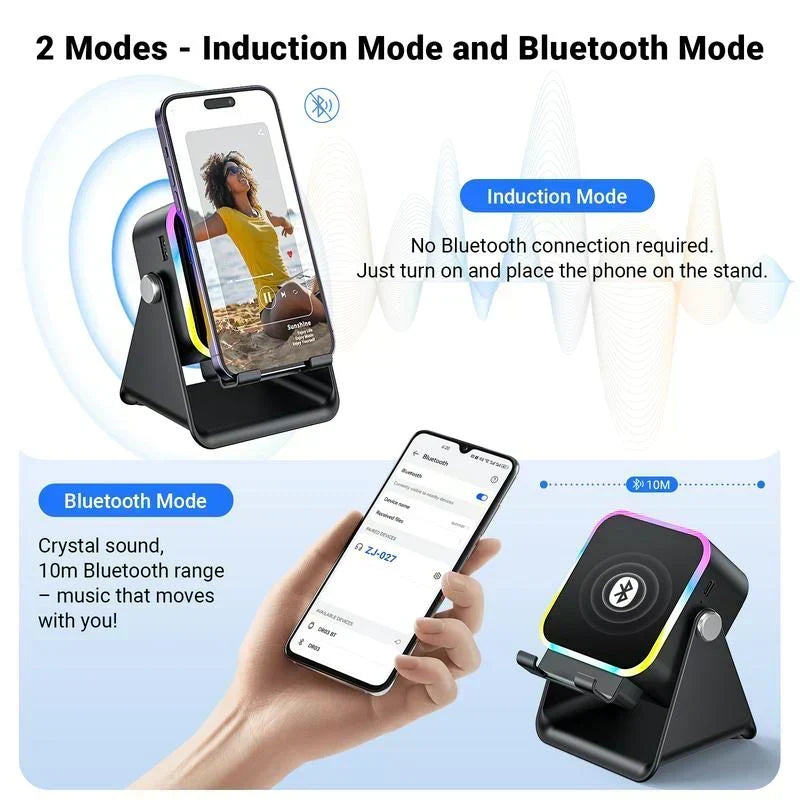 🔊VENTE LIMITÉE 50 % DE RÉDUCTION🎵 Enceinte 5-en-1 avec support téléphone – Son par induction, recharge et lumière d’ambiance, tout en un !