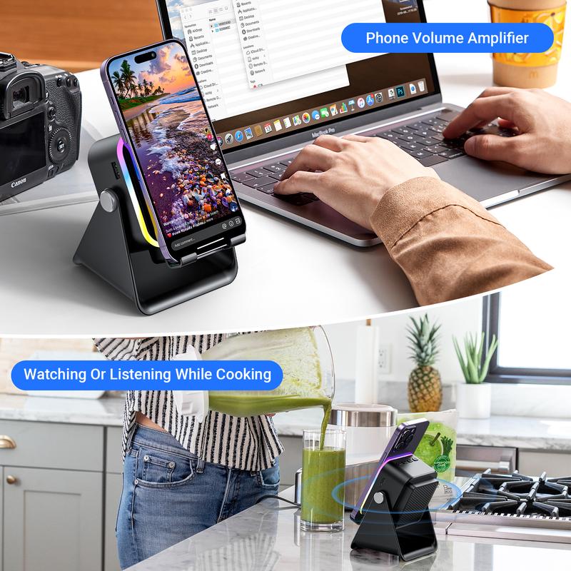 🔊VENTE LIMITÉE 50 % DE RÉDUCTION🎵 Enceinte 5-en-1 avec support téléphone – Son par induction, recharge et lumière d’ambiance, tout en un !