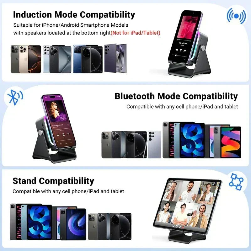 🔊VENTE LIMITÉE 50 % DE RÉDUCTION🎵 Enceinte 5-en-1 avec support téléphone – Son par induction, recharge et lumière d’ambiance, tout en un !