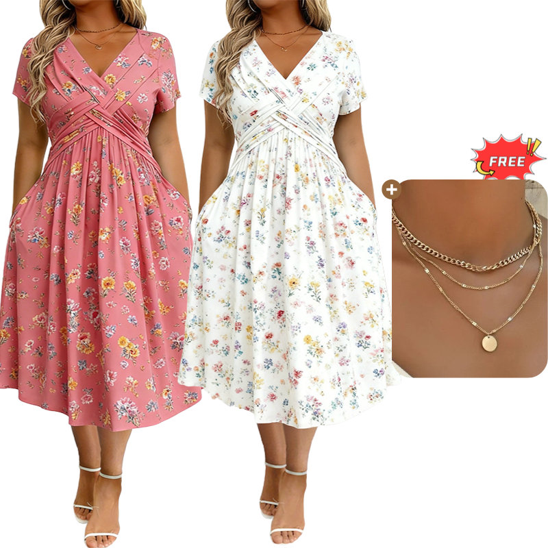 👗 50% DE RÉDUCTION ! 💐Robe pour femme à encolure en V, motif floral et taille froncée🌺
