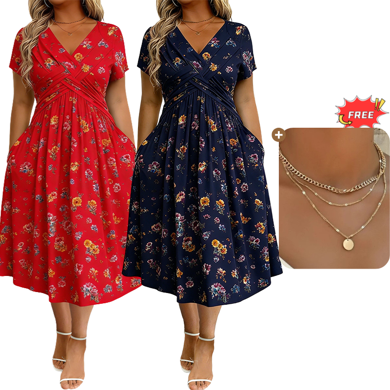 👗 50% DE RÉDUCTION ! 💐Robe pour femme à encolure en V, motif floral et taille froncée🌺