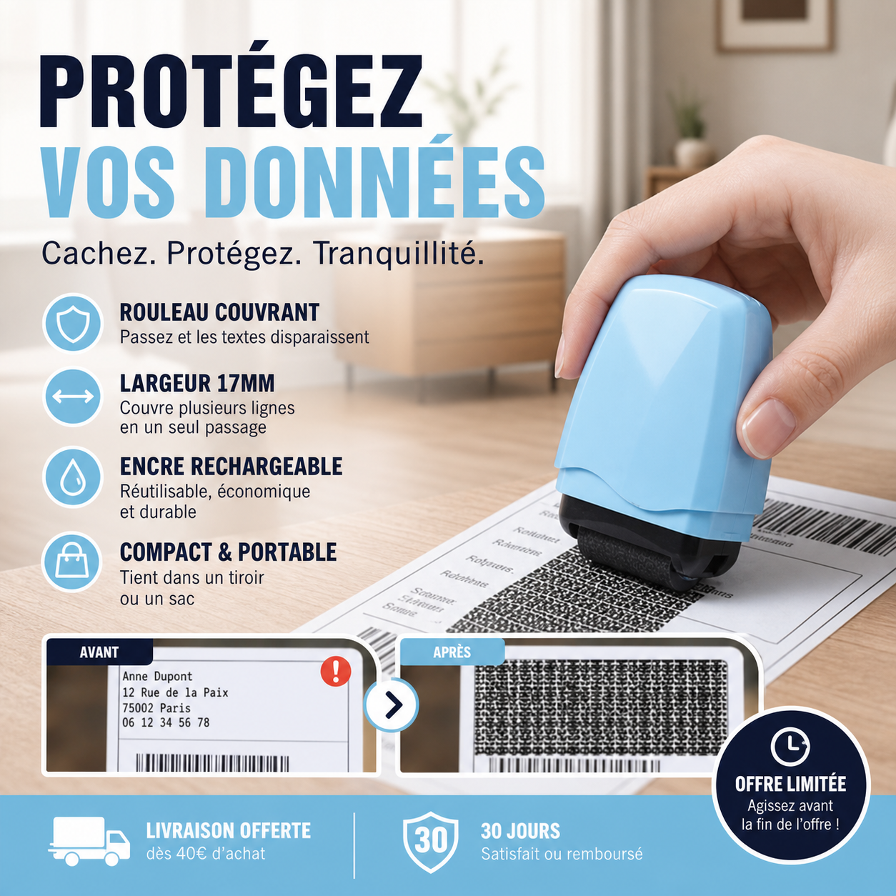 🔒📄 Tampon rouleau de protection des données – Brouilleur d’adresses efficace, encre à séchage rapide, protégez vos informations personnelles en un geste ✉️🛡️