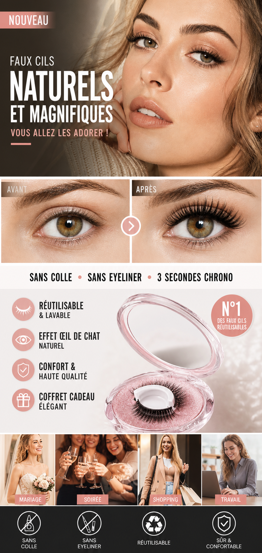 💦 ACHETEZ 2, OFFERT 1 ! ✨ Faux Cils Auto-Adhésifs Waterproof – Faciles à poser, tenue longue durée & effet naturel – Regard agrandi sans colle ni tracas 👁️
