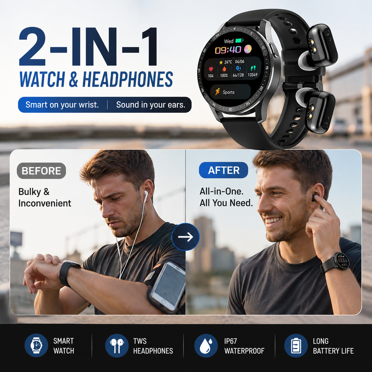 Montre connectée 2-en-1 avec écouteurs sans fil intégrés