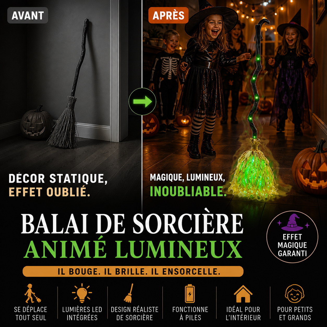 🎃 SOLDES 2026 : 50% DE RÉDUCTION ! 🧹 Balai de Sorcière Électrique Animé – LED Verte & Rire Sinistre for Décor Halloween Porte d'Entrée & Intérieur 👻