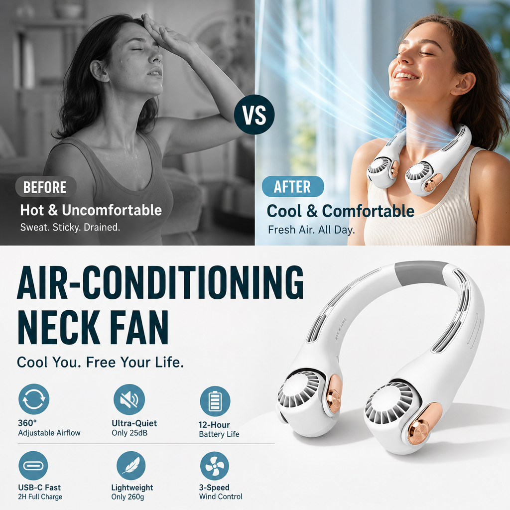 ❄️ 50% DE RÉDUCTION 💐 Ventilateur de cou ultra-silencieux – Rotation 360° & 3 vitesses ✨