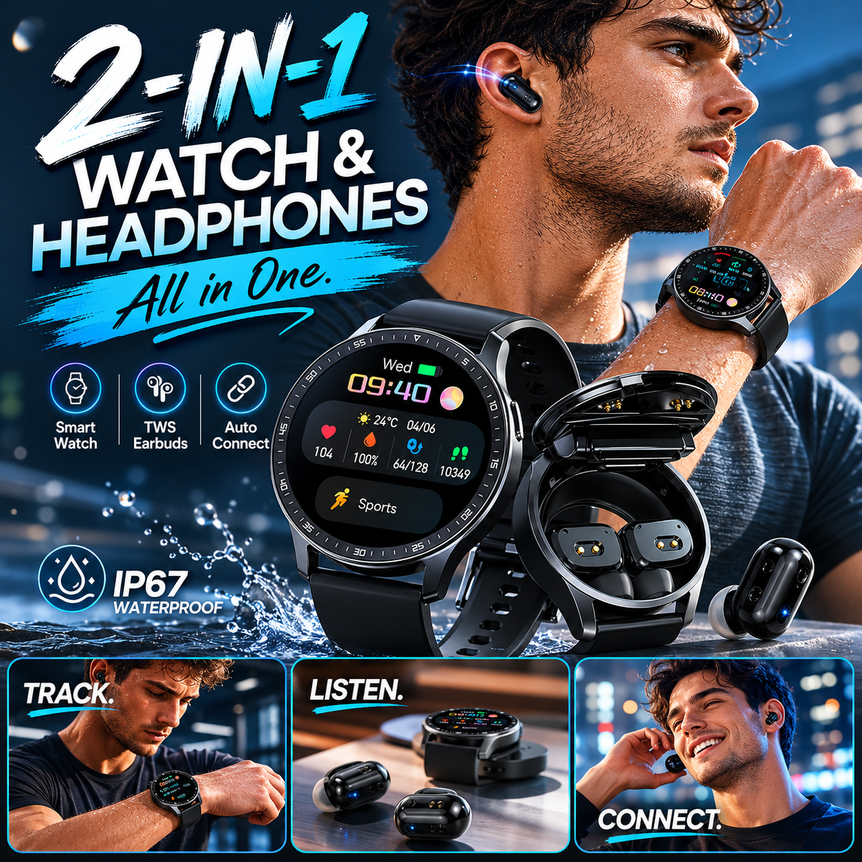 Montre connectée 2-en-1 avec écouteurs sans fil intégrés