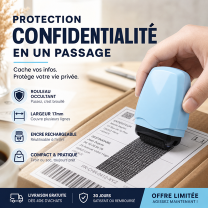 🔒📄 Tampon rouleau de protection des données – Brouilleur d’adresses efficace, encre à séchage rapide, protégez vos informations personnelles en un geste ✉️🛡️