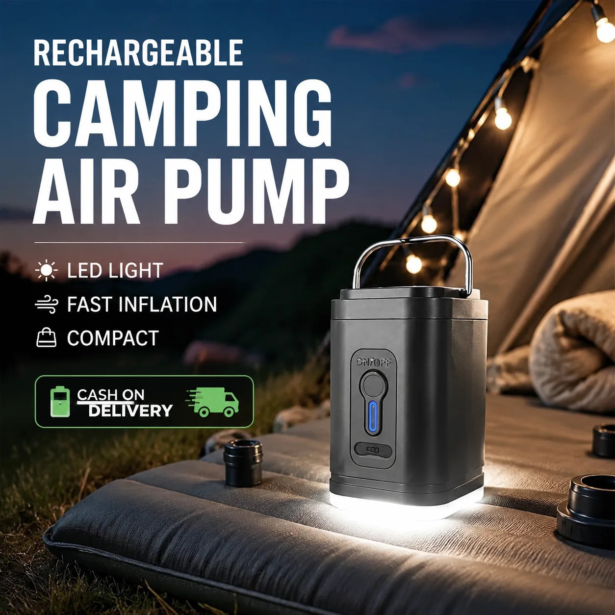 🌲 PROMO LIMITÉE 50% DE RÉDUCTION ! ✨ Pompe à Air Camping Rechargeable – Gonflage Rapide, Compacte, 5 Embouts 🏕️