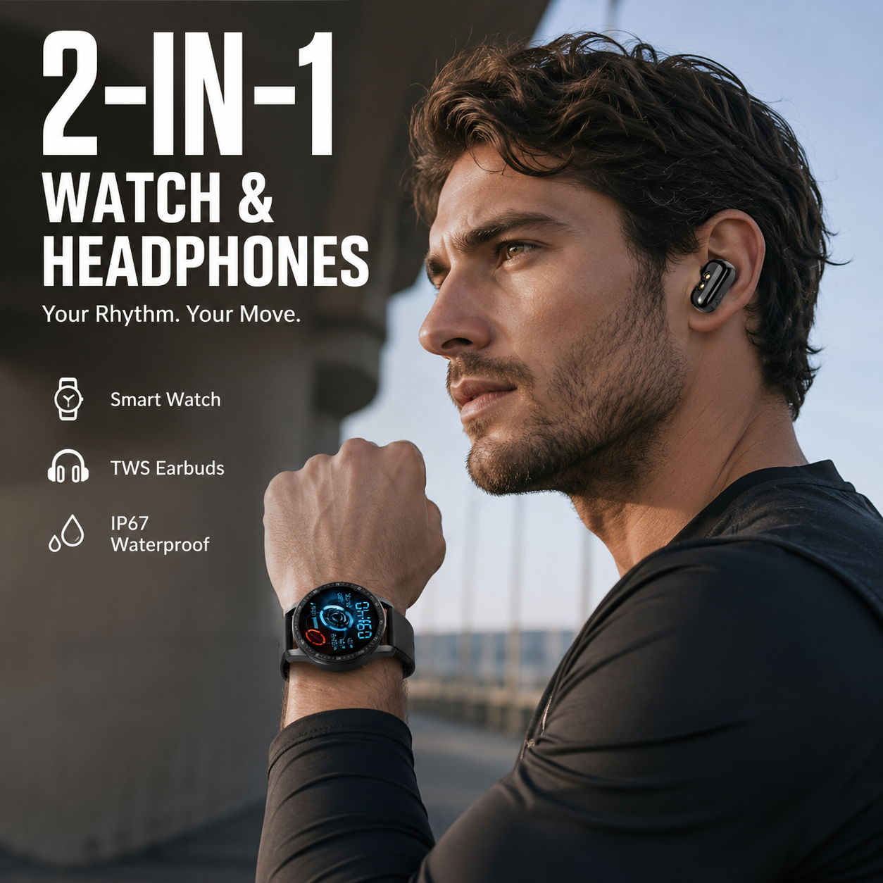 Montre connectée 2-en-1 avec écouteurs sans fil intégrés
