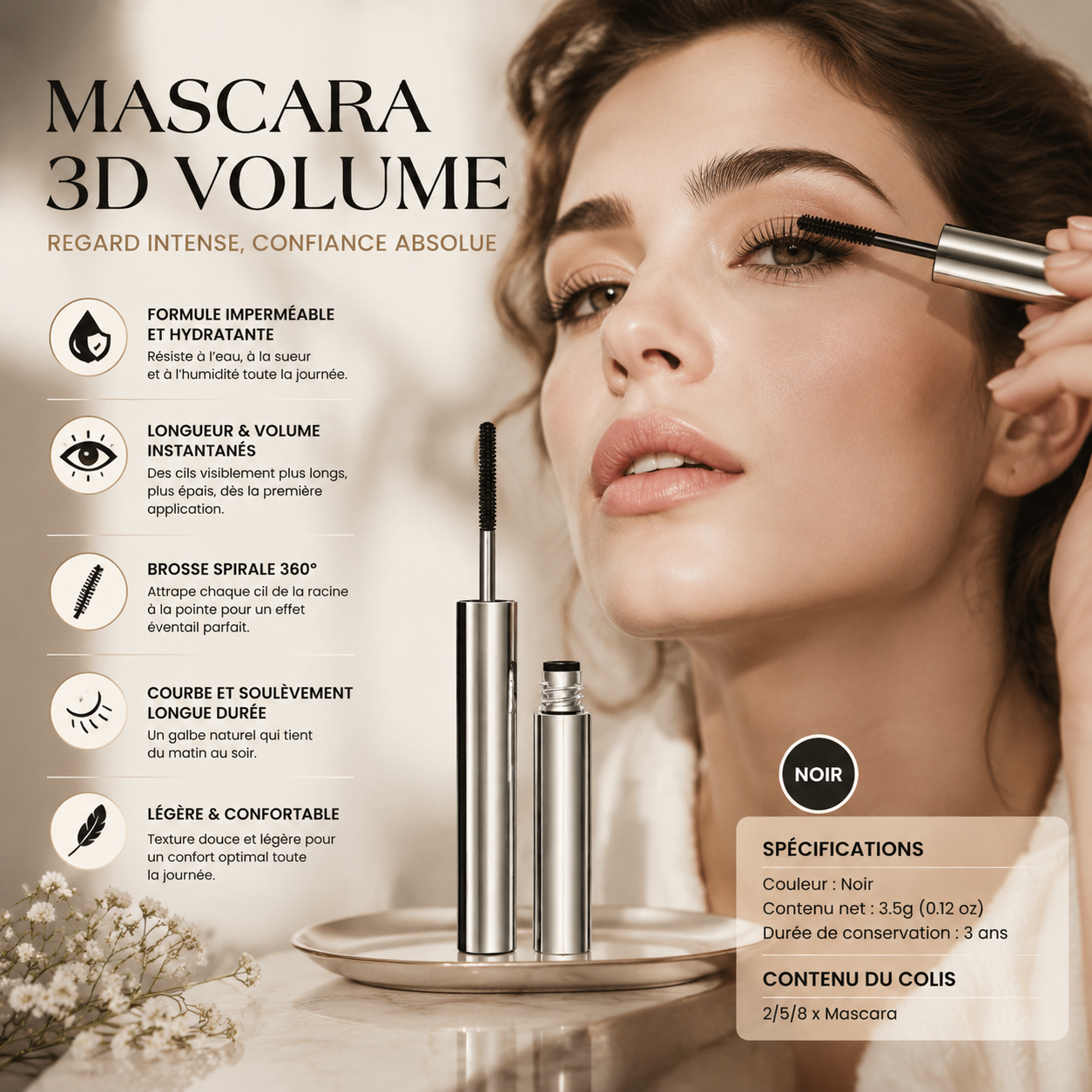 ✨ 50% DE RÉDUCTION ! 👁️ Mascara Waterproof Effet Naturel – 3,5g – Brosse Spirale 360° & Longue Tenue for Cils