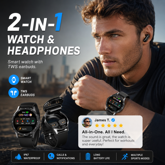 ⌚ -50% ! 🎧 Montre Connectée 2-en-1 avec Écouteurs TWS Intégrés – Écran HD 1,32″ & IP67 – Appels, Santé, Sports – Argent et Noir 🏃