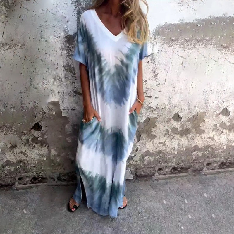 💥 50% DE RÉDUCTION ! 👗 Robe Ample Imprimée Col V – Polyester – Coupe Fluide & Ourlet Fendu for Été