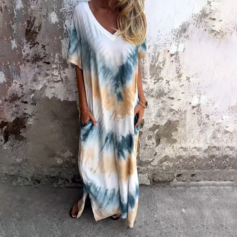 💥 50% DE RÉDUCTION ! 👗 Robe Ample Imprimée Col V – Polyester – Coupe Fluide & Ourlet Fendu for Été