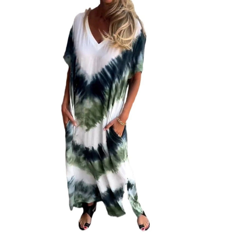 💥 50% DE RÉDUCTION ! 👗 Robe Ample Imprimée Col V – Polyester – Coupe Fluide & Ourlet Fendu for Été