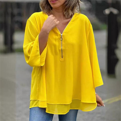 💎 60% DE RÉDUCTION ! 💎 Top Nouveau à Col en V avec Fermeture Éclair – Double Couche, Manches 3/4 & Tissu Ultra-Doux (5 Couleurs, S–4XL)