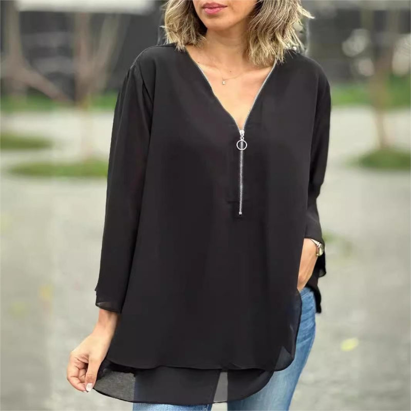 💎 60% DE RÉDUCTION ! 💎 Top Nouveau à Col en V avec Fermeture Éclair – Double Couche, Manches 3/4 & Tissu Ultra-Doux (5 Couleurs, S–4XL)