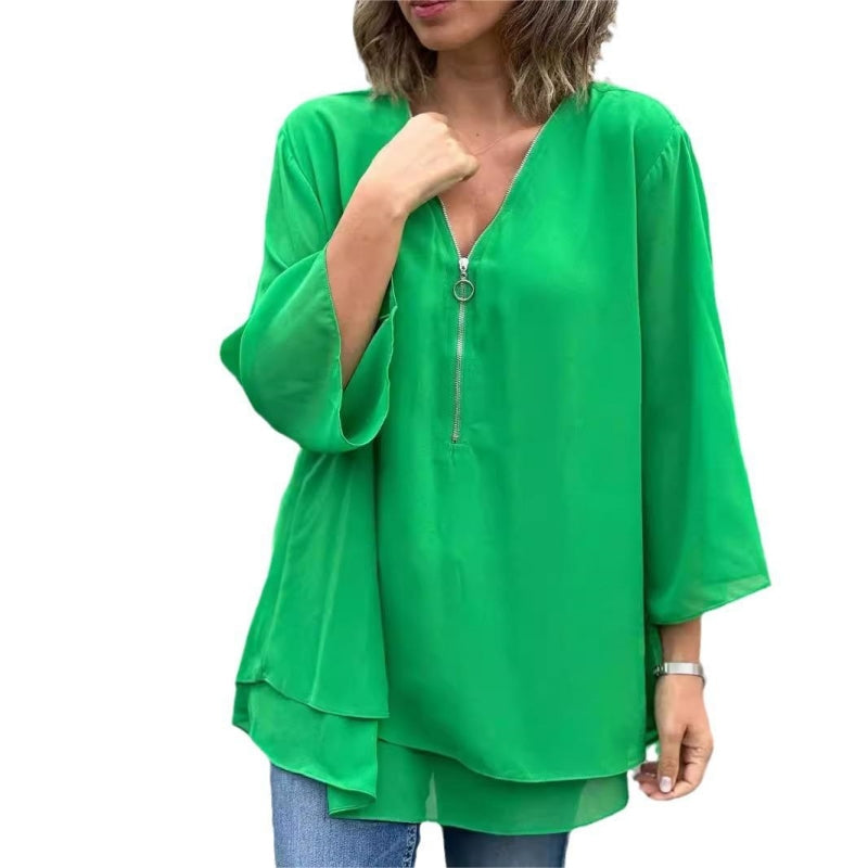 💎 60% DE RÉDUCTION ! 💎 Top Nouveau à Col en V avec Fermeture Éclair – Double Couche, Manches 3/4 & Tissu Ultra-Doux (5 Couleurs, S–4XL)