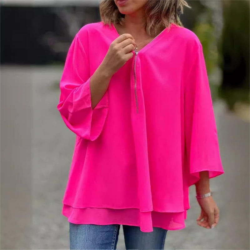 💎 60% DE RÉDUCTION ! 💎 Top Nouveau à Col en V avec Fermeture Éclair – Double Couche, Manches 3/4 & Tissu Ultra-Doux (5 Couleurs, S–4XL)