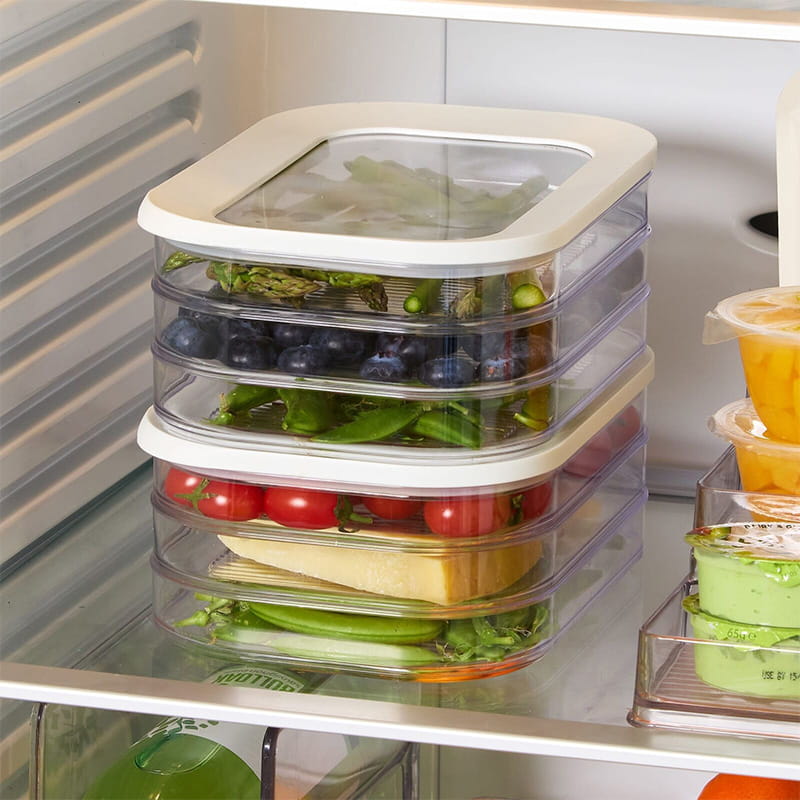 🔥50% korting🔥3 Layer Reusable Food Storage Containe🔥50 % de réduction🔥 Boîtes de conservation alimentaires réutilisables à 3 compartiments avec couvercle, transparentes, pour le bac à légumes du réfrigérateurrs with Lid Clear Fridge Crisper