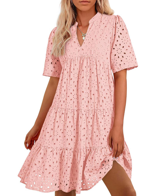 📢📢50 % DE RÉDUCTION !!!⏰Robe courte décontractée élégante en dentelle ajourée à volants pour femme