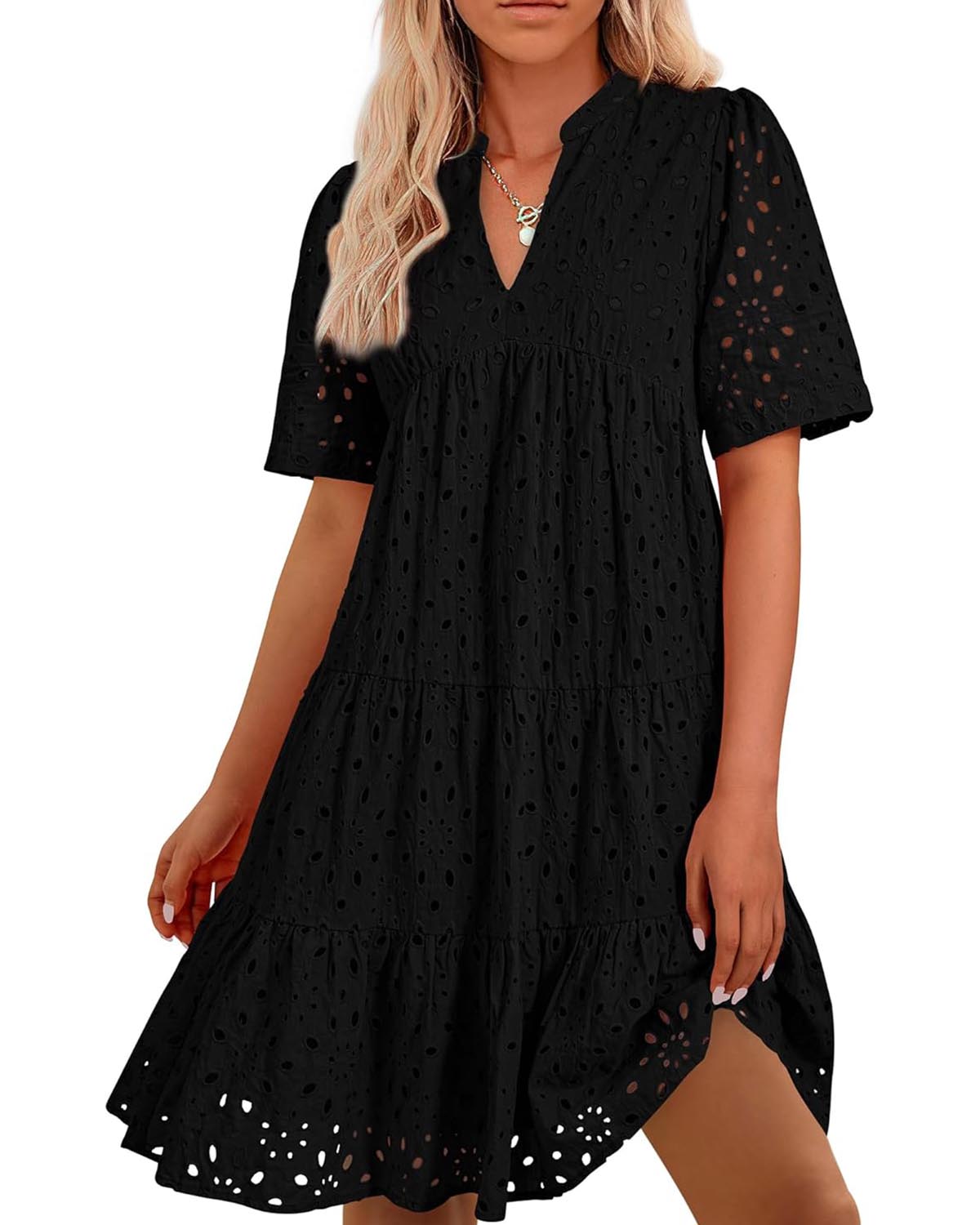 📢📢50 % DE RÉDUCTION !!!⏰Robe courte décontractée élégante en dentelle ajourée à volants pour femme