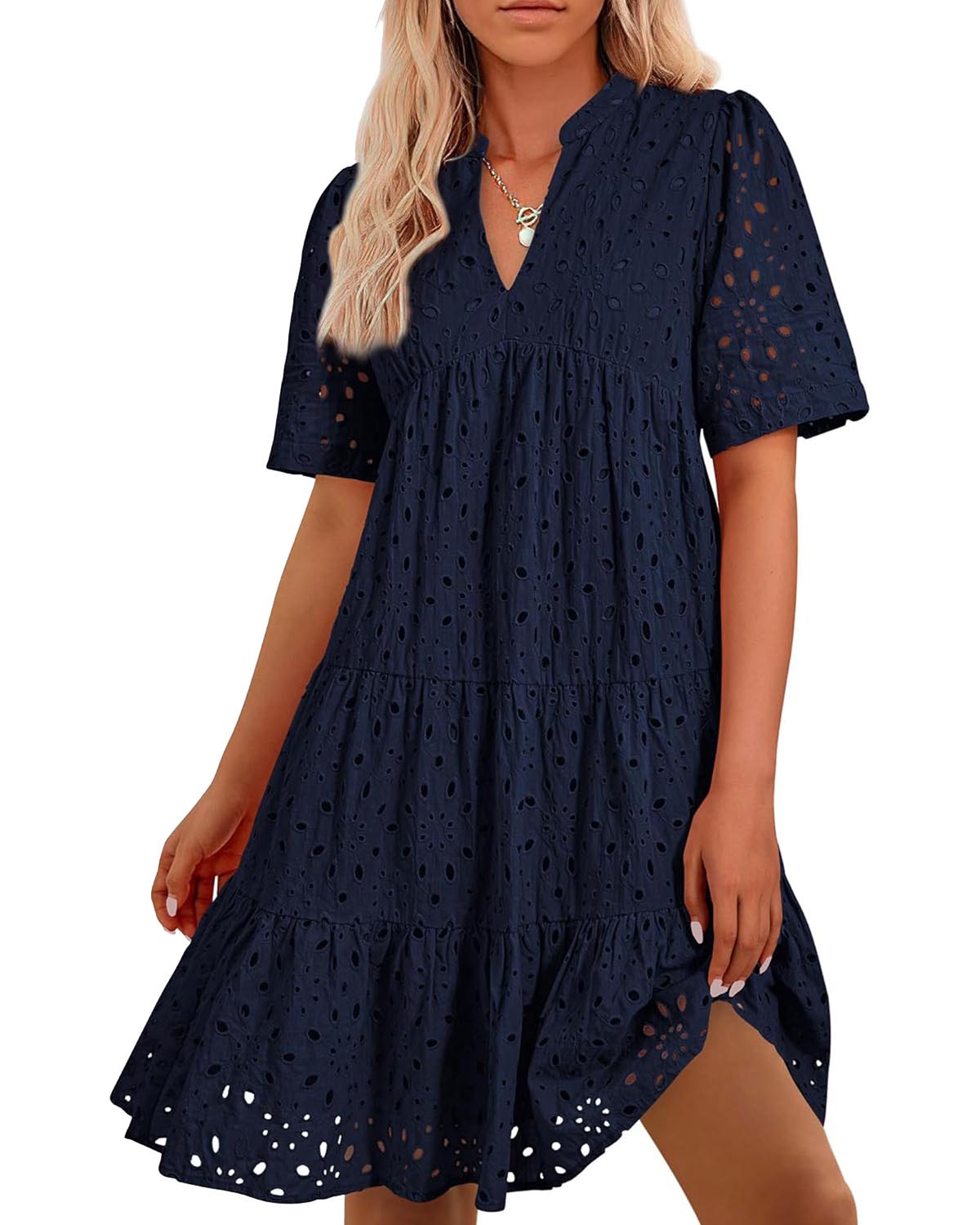 📢📢50 % DE RÉDUCTION !!!⏰Robe courte décontractée élégante en dentelle ajourée à volants pour femme