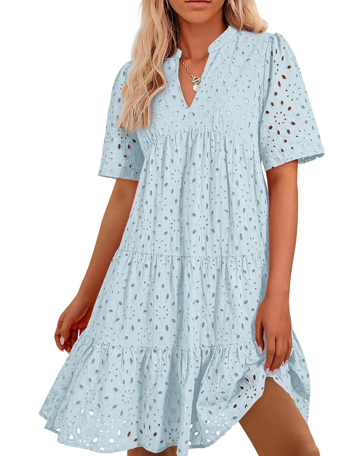 📢📢50 % DE RÉDUCTION !!!⏰Robe courte décontractée élégante en dentelle ajourée à volants pour femme