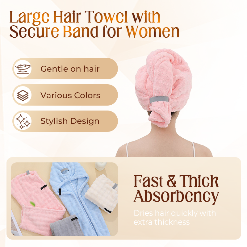 📢📢50% DE RÉDUCTION !! ⏰ Grande Serviette pour Cheveux – Tissu Corail Doux – Absorption Rapide & Bande Élastique for Femmes 💕
