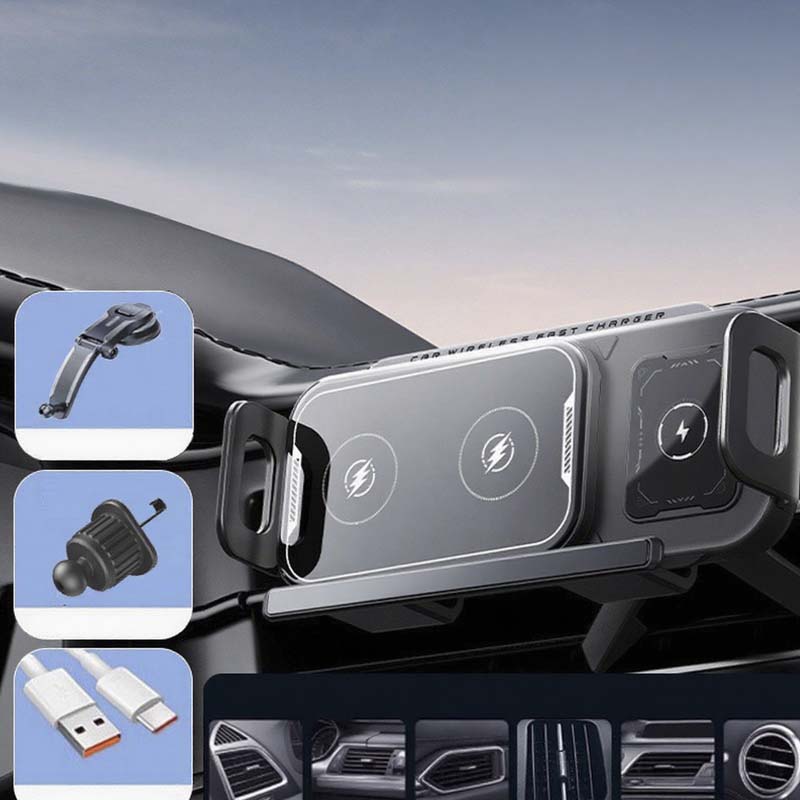 Support de Téléphone Pliable pour Voiture & Chargeur Sans Fil 2-en-1