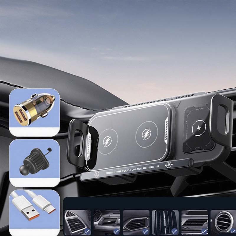 Support de Téléphone Pliable pour Voiture & Chargeur Sans Fil 2-en-1
