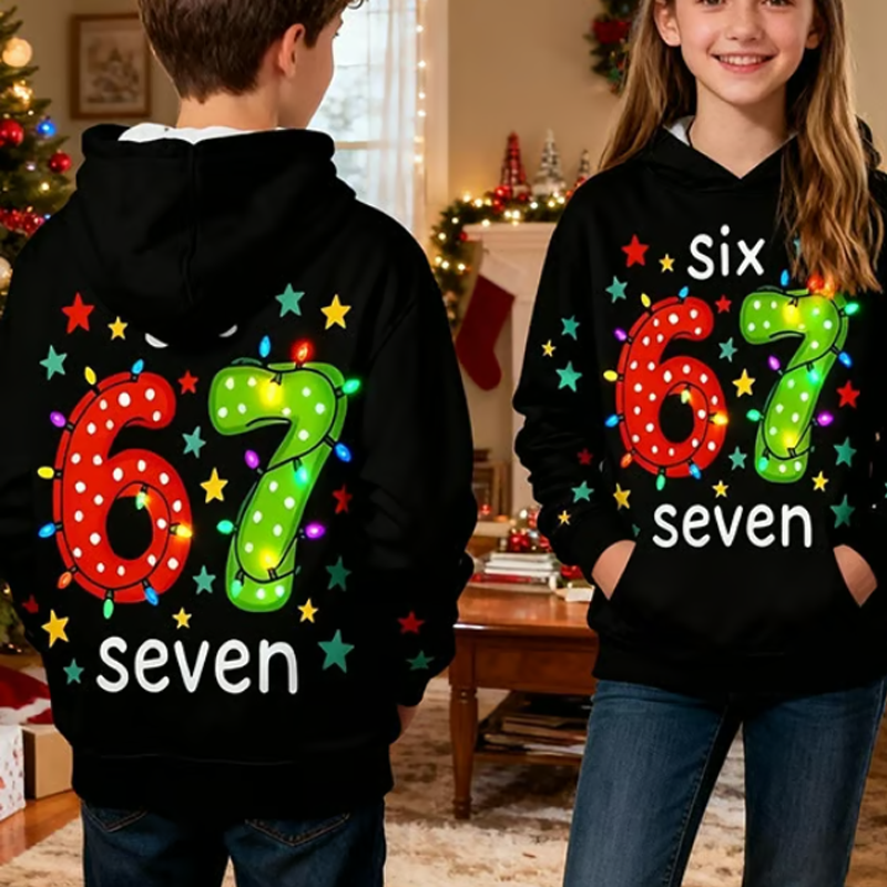 🎅 Black Friday : 60 % de réduction ! Sweat à capuche « 67 » pour enfants – Impression 3D durable, doux & idéal pour Noël 🎁👕