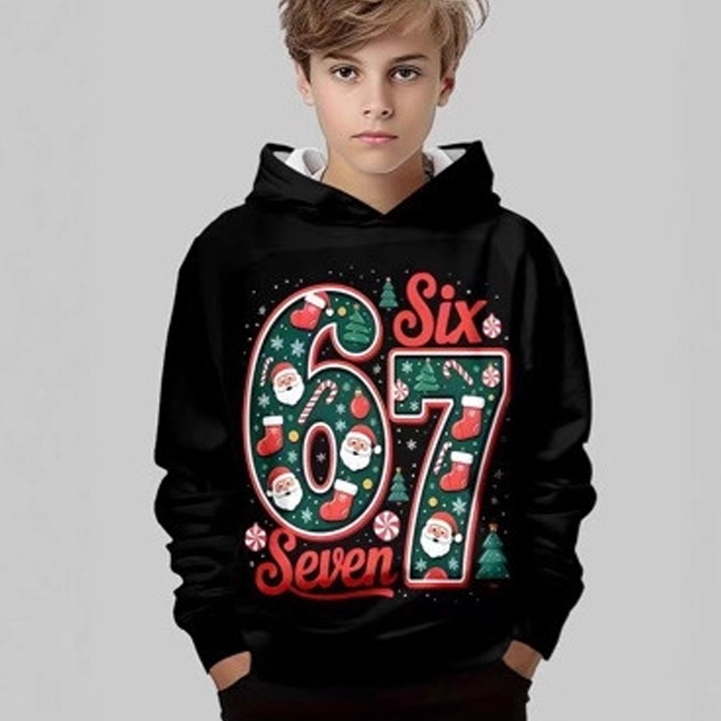 🎅 Black Friday : 60 % de réduction ! Sweat à capuche « 67 » pour enfants – Impression 3D durable, doux & idéal pour Noël 🎁👕